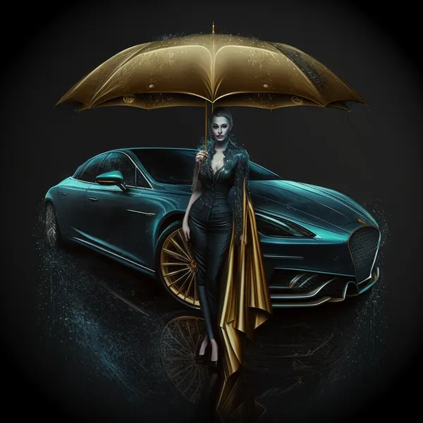 Lady mit Regenschirm schützt teures Auto